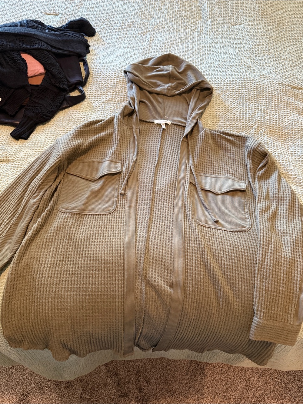 Maurices Waffle Knit Hooded Cardigan in Olive